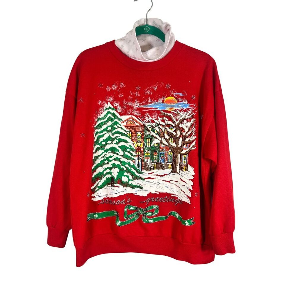 Vintage Christmas Sweatshirt Red L Festive Holiday Classic‎ 80s Retro Ugly Artsy